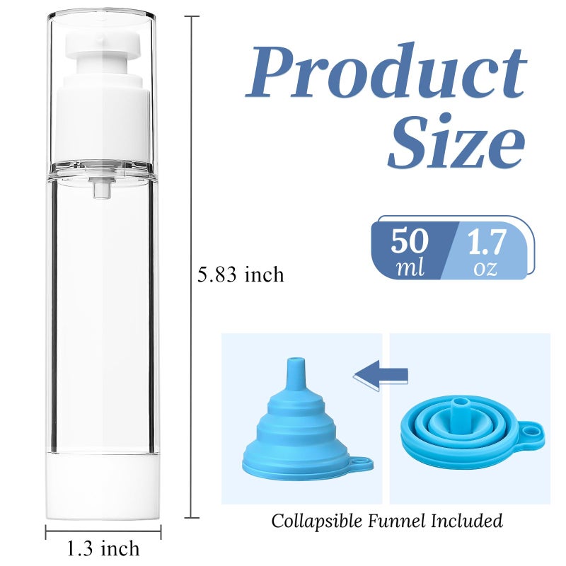 TUZAZO 6 Pack 1.7OZ/50ML Airless Pump Bottles, Clear Plastic Travel Size Pump Bottles, Refillable Cosmetic Containers Cream Dispenser with Funnel for Foundation, Lotions, Shampoo - Image 2